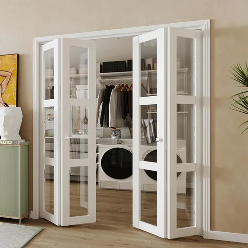 Vista 11 de BARNER HOME Puerta plegable, puerta de armario de cristal transparente de 3 lites, para apertura de 48 x 80 pulgadas, puertas plegables con kits