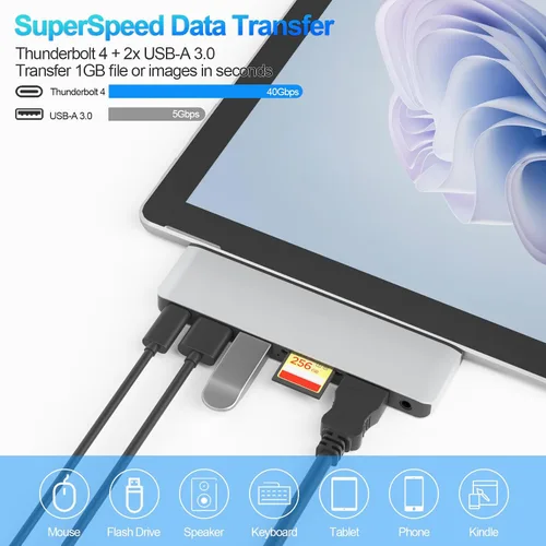 Vista 5 de Estación de acoplamiento para superficie con HDMI 4K, USB-C Thunderbolt 4 (pantalla+datos+100 W PD), 2 USB 3.0, audio de 0.138 in, lector