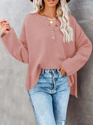Vista 4 de Pink Queen Suéter de punto con cuello en V para mujer, de gran tamaño, manga larga tipo murciélago, estilo Henley