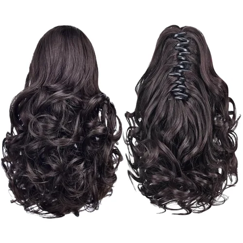 Vista 32 de Extensiones de cola de caballo, extensiones de cabello de cola de caballo con clip de garra marrón oscuro para mujer, pieza de cabello rizado