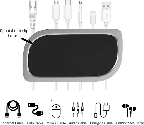 Vista 3 de Organizador de escritorio de gestión de cables, gestión de cables para 7 cables de computadora, carga o alimentación con base antideslizante