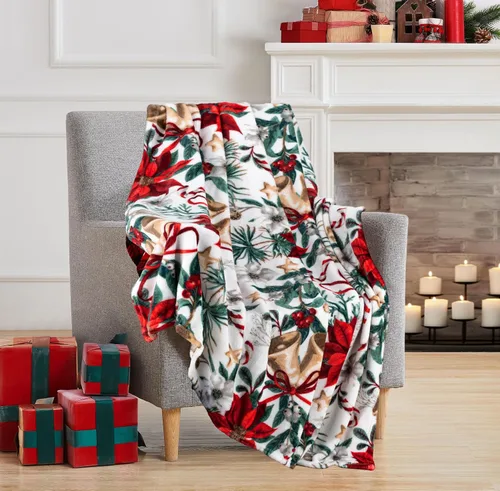Vista 43 de Manta de Forro Polar para las Fiestas Navideñas: Corona Tradicional de Decoración del Hogar con Saludos Cheers Merry Peace Joy sobre Fondo Beige