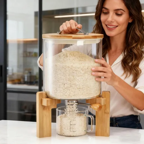 Vista 7 de Dispensador de arroz de vidrio, dispensador de cereales con taza medidora de vidrio y tapa hermética. Dispensador de almacenamiento de arroz de 5