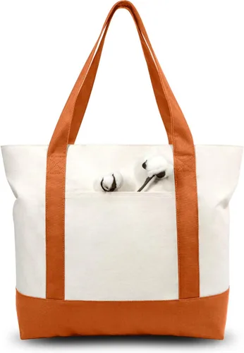 Vista 11 de TOPDesign Paquete de 1 bolsa de lona con bolsillo externo, bolsa de compras reutilizable para comestibles, cierre de cremallera superior, artículos