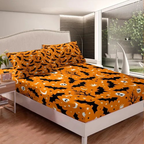 Vista 11 de Feelyou Juego de sábanas bajeras de Halloween tamaño individual, juego de sábanas decorativas de Halloween para niños y adultos (sin sábana encimera)