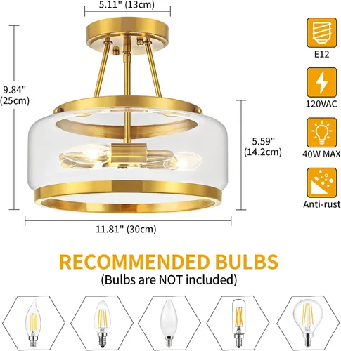 Vista 6 de Lámpara de techo semiempotrada dorada de 11.81 pulgadas, moderna lámpara de techo de tambor de cristal, lámpara de techo de 3 luces para pasillo
