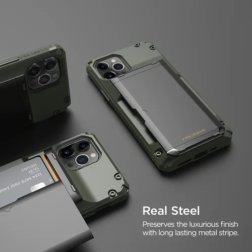 Vista 3 de VRS Design Damda Glide Pro funda compatible con iPhone 12/12 Pro, con espacio para 4 tarjetas, prémium, resistente, tarjetero semiautomático Verde
