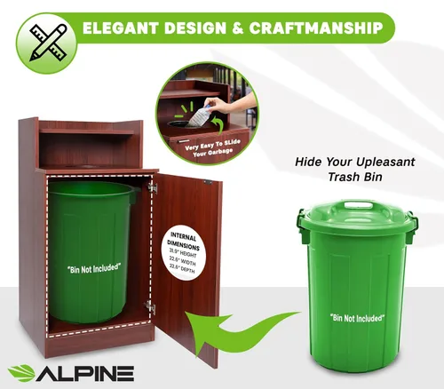Vista 4 de Alpine Restaurant Trash Bin Cabinet - Commercial Trash Can Garbage Receptacle Indoor with Tray Holder for 32 Gallon Garbage Bin (Mahogany)