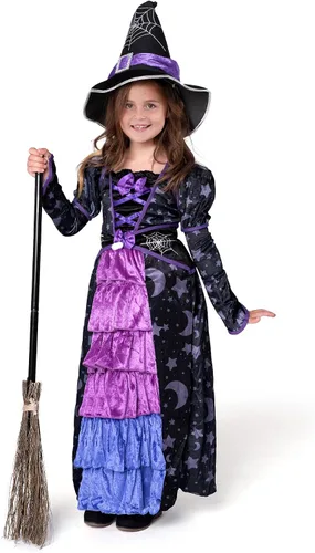 Vista 2 de Spooktacular Creations - Disfraz de bruja morado de Halloween para niña, con estrellas y luna para jugar y actuar