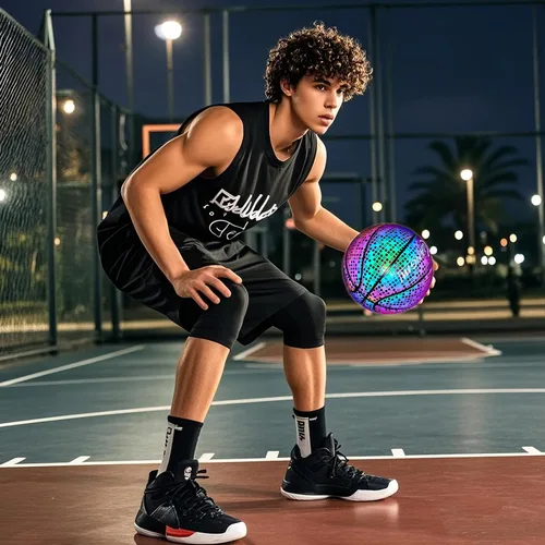 Vista 5 de Kuangmi Baloncesto reflectante brillante holográfico luminoso para juego nocturno, canasta iluminada, tamaño oficial 7 29.5 pulgadas