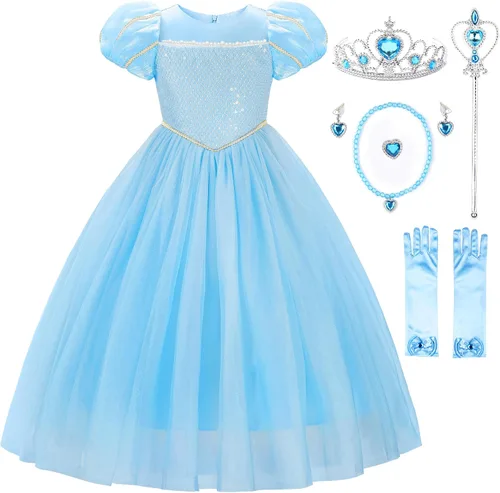 Vista 13 de JerrisApparel Vestido de princesa para niñas, disfraz de princesa de manga abombada con accesorios Rosa
