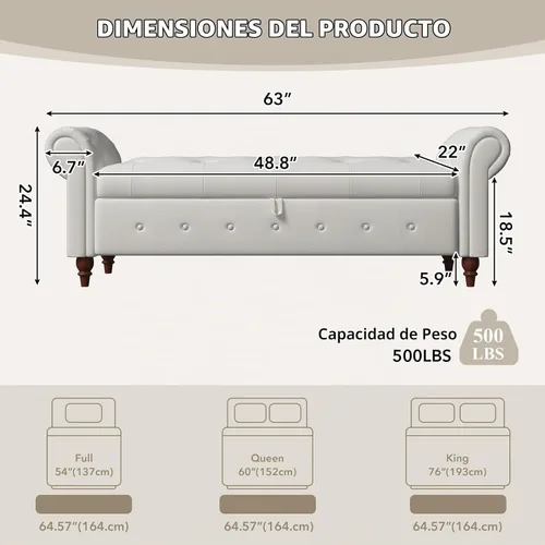 Vista 2 de NIOIIKIT Banco Otomano de Almacenamiento de 160 cm, Banco de Entrada con Botones Acolchados, Banco Largo de Brazos Enrollados para Dormitorio, Sala