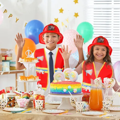 Vista 5 de Disfraz infantil de 100 días de escuela para niños, 24 piezas, incluye 8 sombreros de bombero, 8 chalecos, 8 bolsas de mano, suministros de fiesta