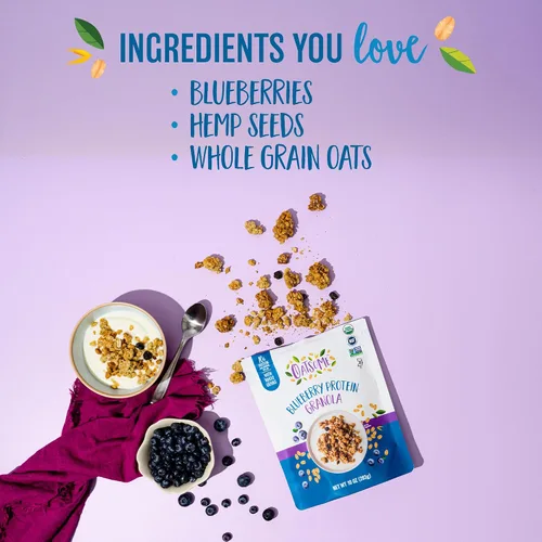 Vista 4 de Oatsome Granola de Proteína de Arándanos, 10g de Proteína, Sin Gluten, Hecha con Avena Orgánica de Grano Entero, Arándanos Reales y Semillas
