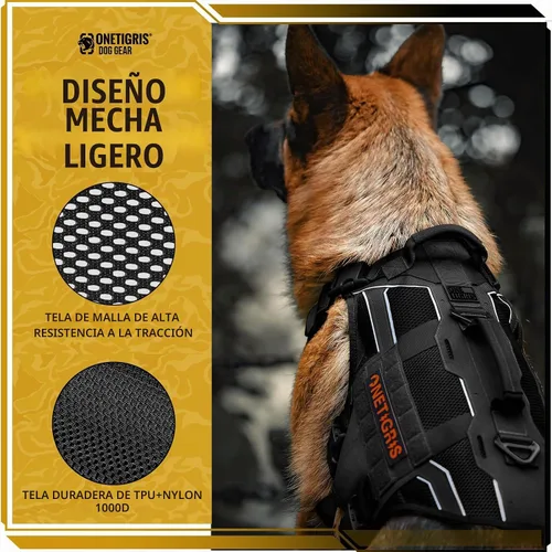 Vista 4 de OneTigris Arnés táctico para perros grandes, arnés táctico ajustable para perro con asas, chaleco reflectante resistente y transpirable, chaleco