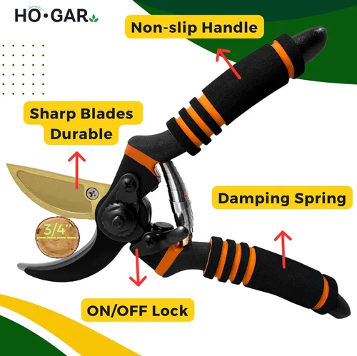 Vista 2 de HO.GAR Kit de tijeras de podar de titanio de alta calidad: podadoras manuales profesionales resistentes, tijeras de jardinería, tijeras ergonómicas.