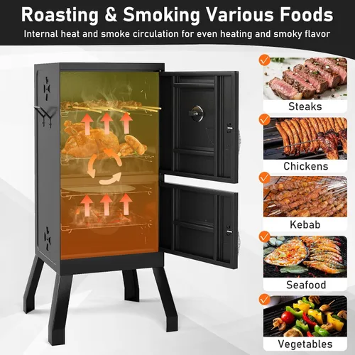 Vista 6 de Happygrill Parrillas de Carbón, Parrilla Ahumadora BBQ Vertical de 40" con Termómetro Integrado, Reguladores de Aire Ajustables, Bandeja de Agua