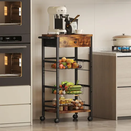 Vista 2 de Organizador de cocina y carrito de almacenamiento con cajón de tela y asa práctica, carrito organizador de aperitivos con 2 cestas extraíbles y 2