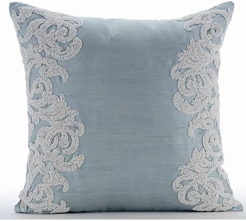 Vista 14 de The HomeCentric Funda de cojín para sofá, 12 x 12 pulgadas, funda de almohada decorativa cuadrada de lino azul claro con zardozi y cuentas bordadas