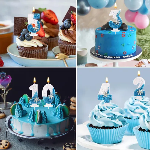 Vista 7 de Velas de cumpleaños del 0 al 9, velas de números con purpurina de copo de nieve, decoración de pasteles blancos y azules para niños y adultos