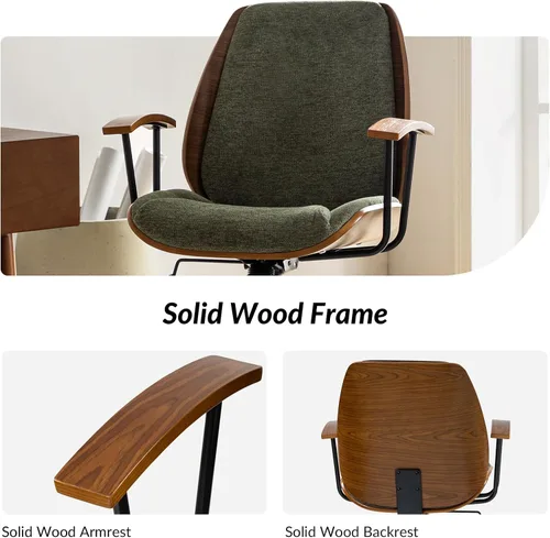 Vista 4 de HULALA HOME Silla de oficina de madera maciza con función de balanceo, silla de escritorio cómoda de tela con base de madera curvada y metal, silla