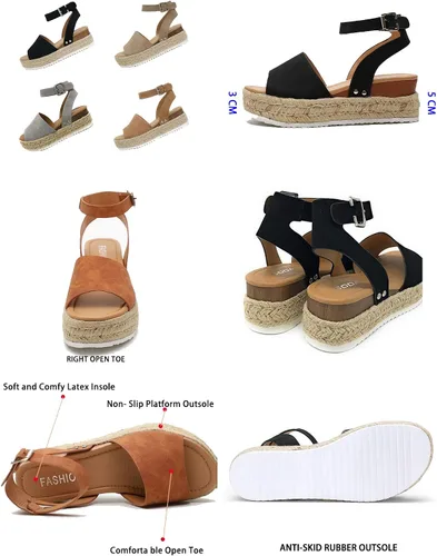 Vista 3 de DevilAngel Sandalias de cuña casuales de verano con hebilla y hebilla para el tobillo y plataforma plana para mujer Negro