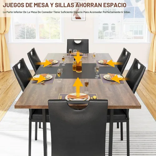 Vista 4 de chartustriable Juego de mesa de comedor de 7 piezas para 4, 5, 6 personas, mesa de cocina grande de madera larga de 71 pulgadas con 6 sillas