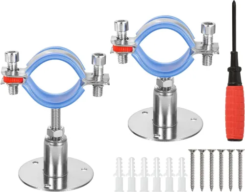 Vista 14 de uxcell Soporte de tubería de acero inoxidable para montaje en pared, soporte de tubo de montaje en techo, altura ajustable de 1.181-1.969 in