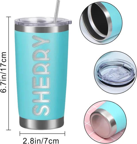 Vista 4 de Vasos personalizados con tapas y pajitas, vasos de acero inoxidable grabados con láser personalizados de 20 onzas con nombre y texto, taza de café