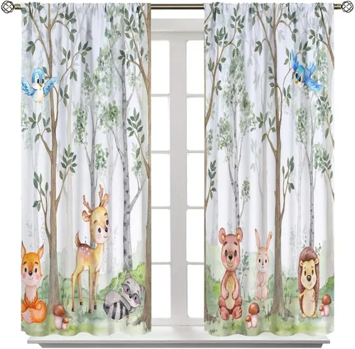 Vista 8 de Cortinas de animales del bosque para niños, dibujos animados, bosque, ciervo, oso, conejo, selva, animales salvajes, guardería, decoración