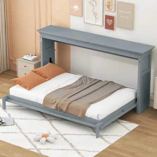 Vista 3 de MERITLINE Armario de cama Murphy horizontal individual con escritorio, marco de cama Murphy de madera maciza para habitación pequeña, oficina Gris