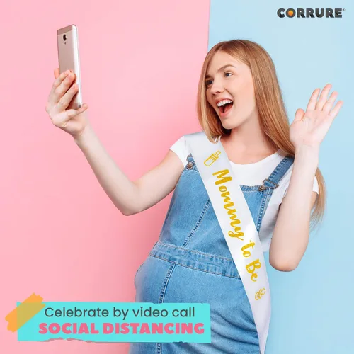 Vista 8 de CORRURE Banda para baby shower para niño o niña, banda con la frase "Mommy to Be" con hermosa cinta blanca y texto dorado con purpurina, ideal