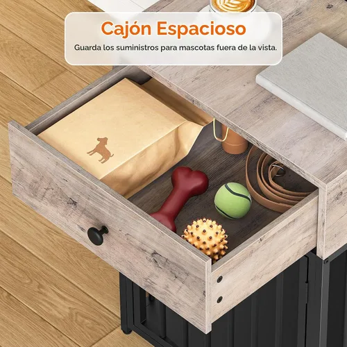 Vista 6 de HOOBRO Muebles de jaula para perros, casa de madera para perros, perrera decorativa con cajón, mesa auxiliar de jaula de interior para perros