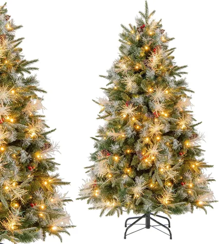 Vista 10 de DORTALA Árbol de Navidad artificial verde preiluminado de 7 pies, con bisagras, con 250 luces LED blancas cálidas, 8 modos de iluminación, 830