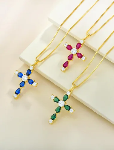 Vista 12 de YL Collar de cruz de plata de ley 925 con colgante de piedra natal religiosa para mujer
