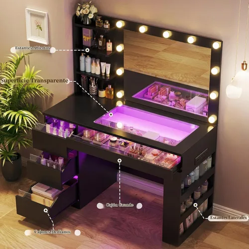 Vista 4 de HUAHUU Escritorio de tocador con espejo iluminado y parte superior transparente, escritorio de tocador de maquillaje con 4 cajones transparentes e