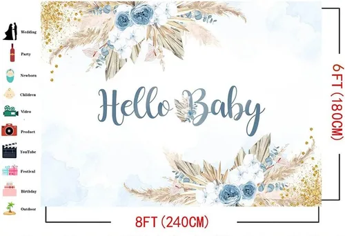 Vista 4 de Mocsicka Telón de fondo bohemio para baby shower para niños, tema de Hello Baby Boho Chic Flores Azules, Fondo de fotografía Bohemio Baby Shower
