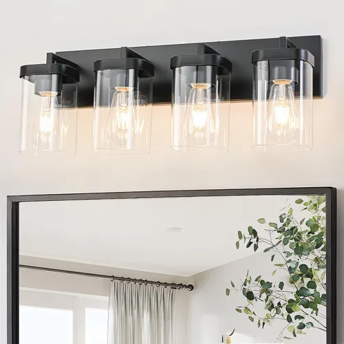 Vista 10 de Lámparas de baño de 3 luces sobre espejo, luces de tocador de níquel cepillado con pantalla cuadrada de vidrio transparente. Moderna lámpara