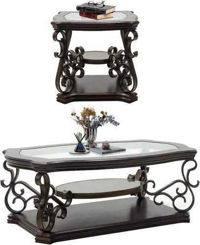 Vista 8 de Elegante mesa auxiliar retro, mesa de cóctel rectangular tradicional de 3 niveles con parte superior de vidrio templado, estante de mármol medio