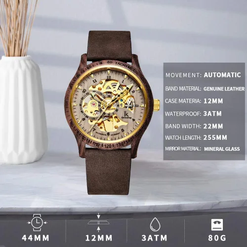 Vista 3 de Relojes para hombre de lujo, caja mecánica de madera, esqueleto Lumious, cuerda automática, ligera, pulsera de cuero auténtico, correa de madera