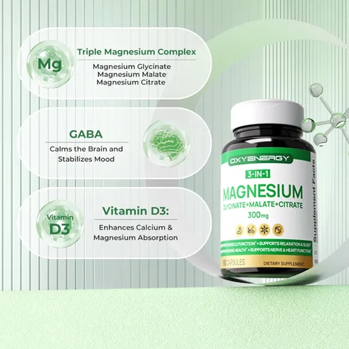 Vista 3 de OXYENERGY Suplemento de complejo triple de magnesio, cápsulas de magnesio quelatado 3 en 1 de 300 mg con citrato de malato de glicinato por porción