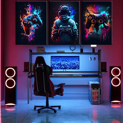 Vista 2 de 3 piezas de arte de pared de videojuegos geniales retro acuarela pósters cuadros coloridos neón gamepad lienzo pintura impresiones para habitación