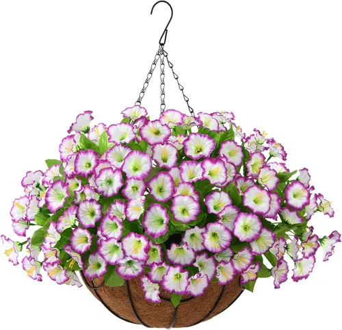 Vista 8 de Homsunny Plantas artificiales colgantes con cesta para exteriores, petunias falsas, de seda, para exteriores, porche, patio, balcón, jardín