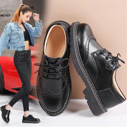 Vista 2 de Zapatos Oxford para mujer, zapatos perforados con cordones y punta redonda de cuero de tacón bajo para niñas y mujeres