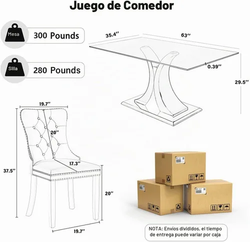 Vista 3 de Juego de comedor moderno de vidrio de lujo de 5 piezas, juego de cena rectangular minimalista grande para 4, juego de mesa de cocina de vidrio