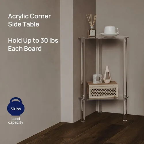 Vista 4 de HMYHUM Mesa auxiliar triangular de acrílico transparente, mesa auxiliar de esquina para espacios pequeños, mesa decorativa pequeña para sala