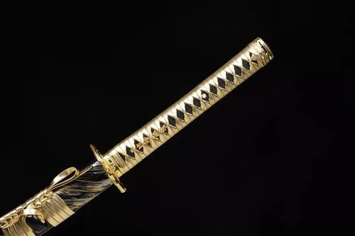 Vista 7 de Katana dorada hecha a mano, espada samurái japonesa 1095 de arcilla de acero templada, hoja de afeitar de espiga completa, afilada, regalos para él