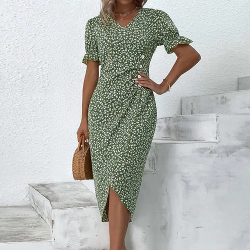 Vista 6 de Vestidos de playa para mujer, 2024, primavera, verano, moderno, elegante, envolvente, cuello en V, floral, bohemio, vestido largo hawaiano fruncido