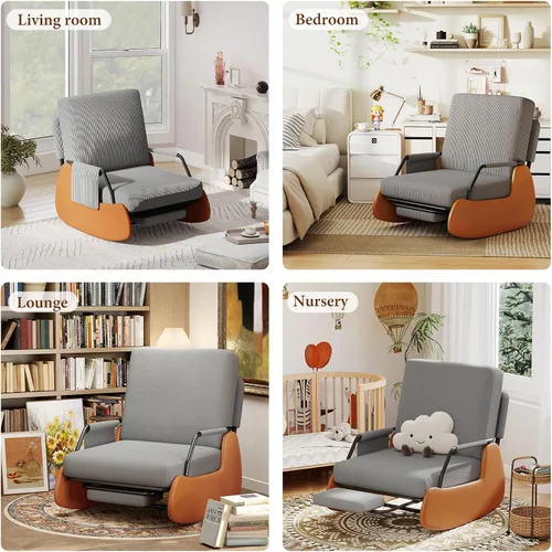 Vista 7 de Moderna mecedora deslizante, silla tapizada para cuarto de bebé, con reposapiés reclinable ajustable y retráctil, cómoda silla de descanso para Gris