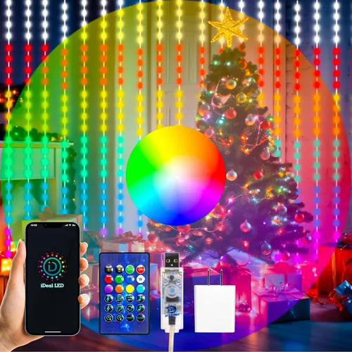 Vista 20 de HXWEIYE - Tira de 300 luces LED, cortina de guirnaldas navideñas con enchufe USB, 8 modos, control remoto para decoración de pared, fondo de Rojo